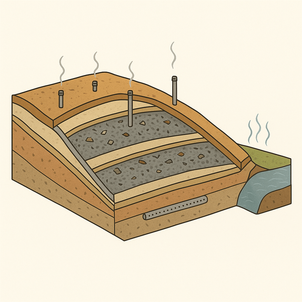 graphic cross-section of waste landfill